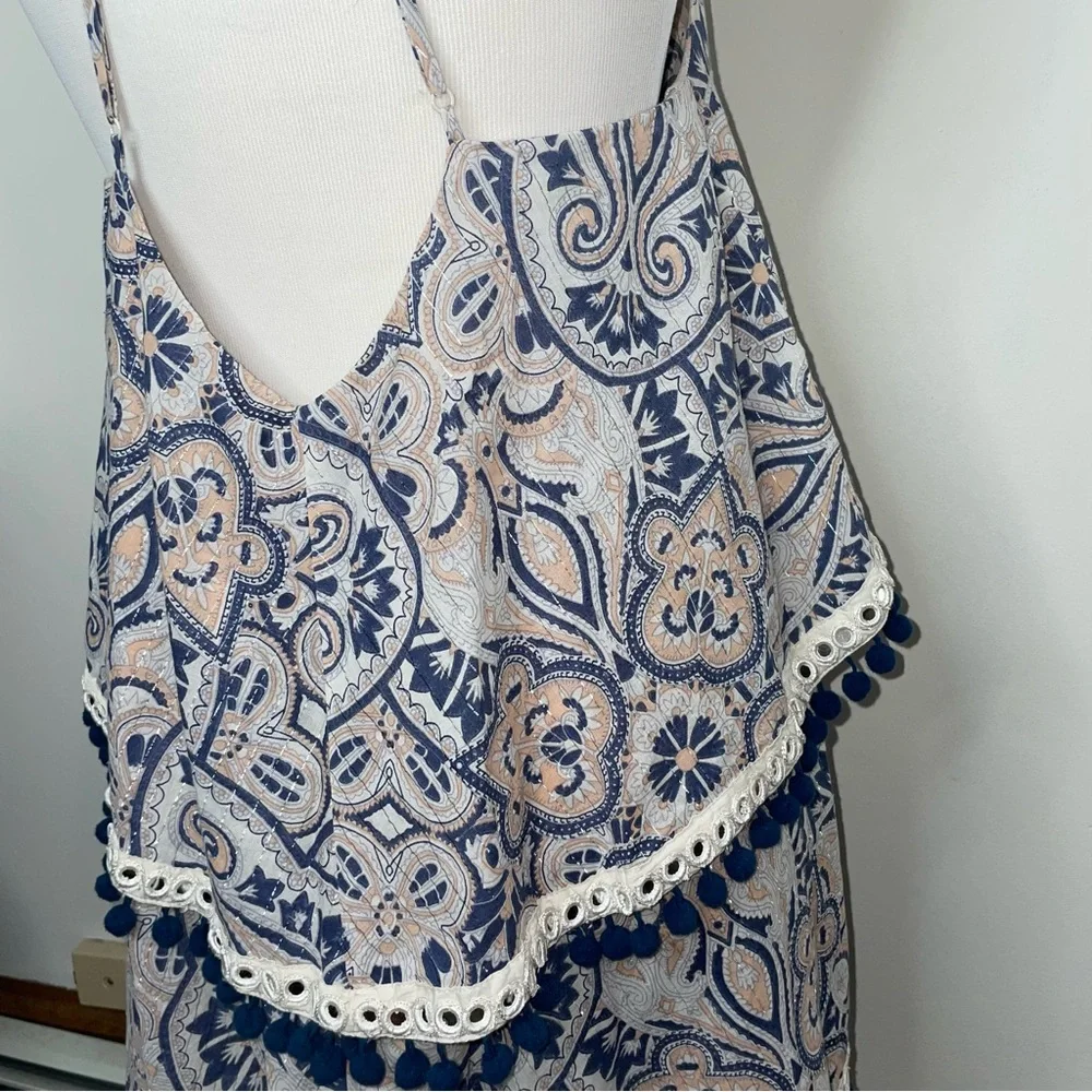 Tularosa Evolette Blue & White Paisley Pom-Pom Metallic Thread Mini Dress Size M - Picture 10 of 16